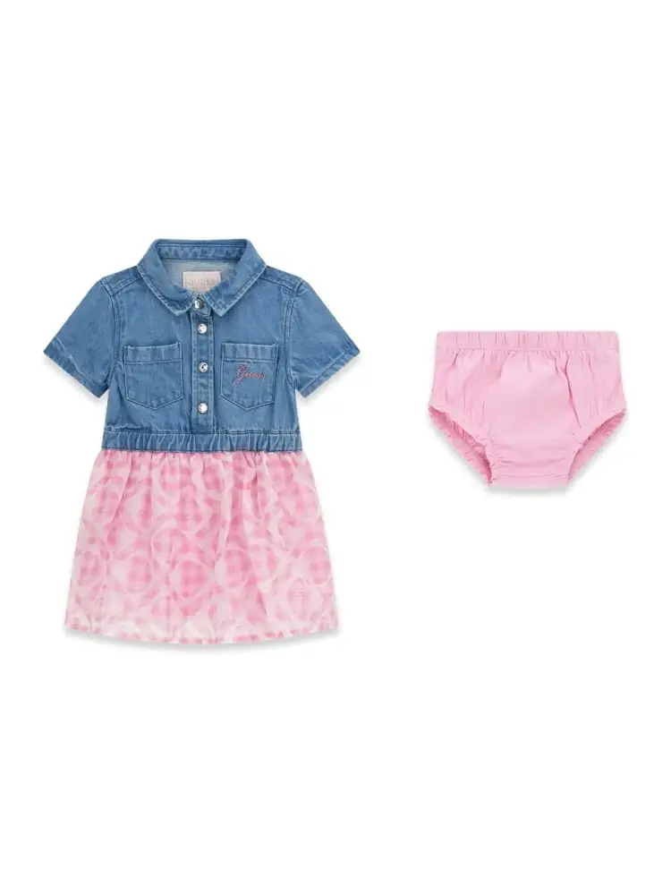 abito infant in denim e toulle rosa con logo