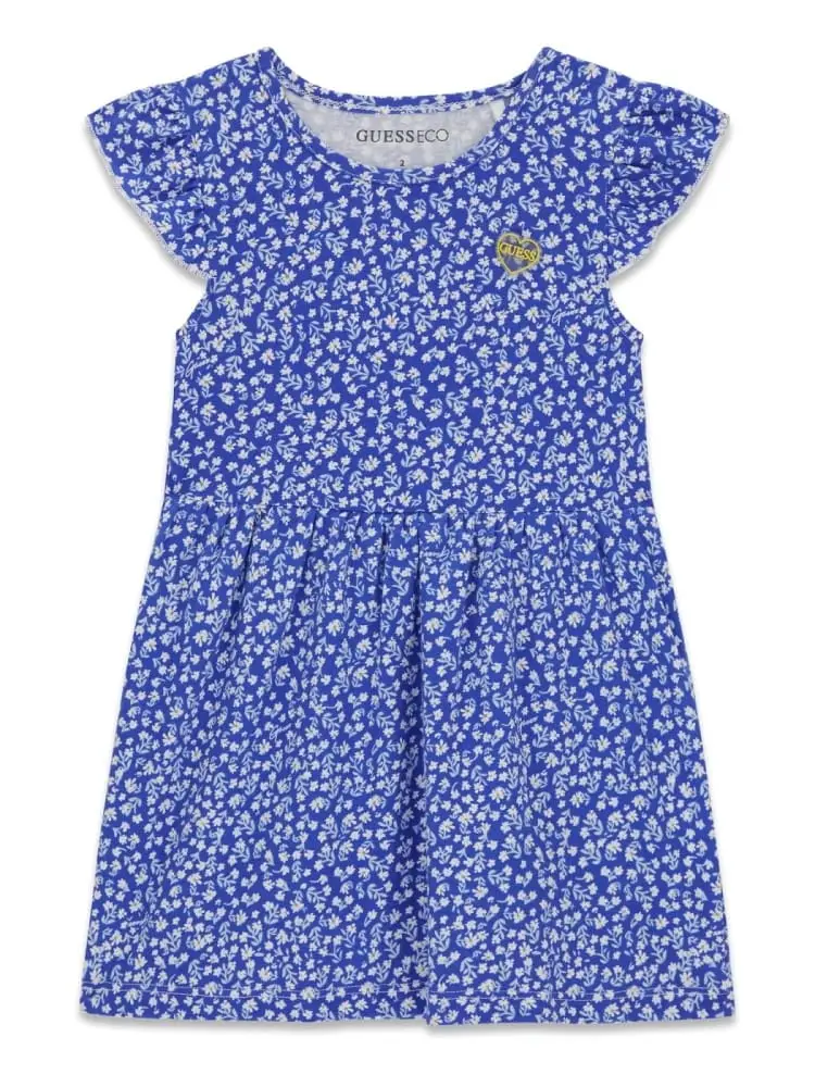 abito kids blu con pattern floreale e logo