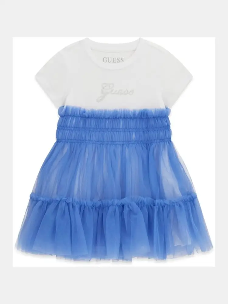 abito kids in cotone e toulle bianco e azzurro con logo strass