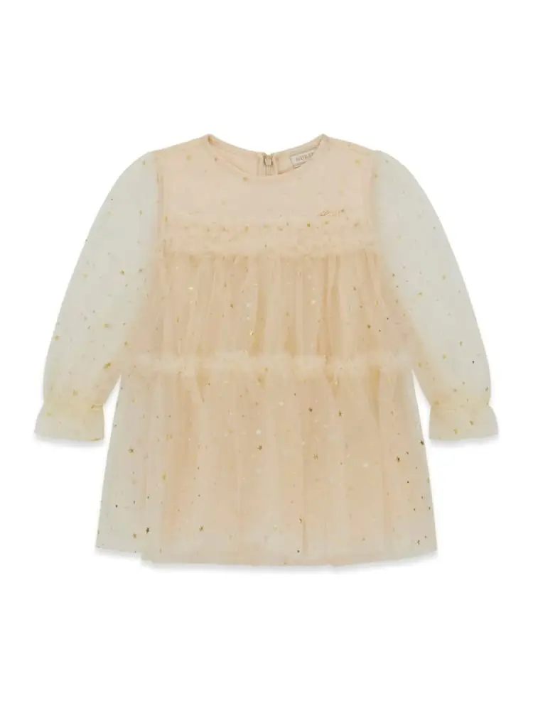abito kids in tulle beige con maniche lunghe a sbuffo