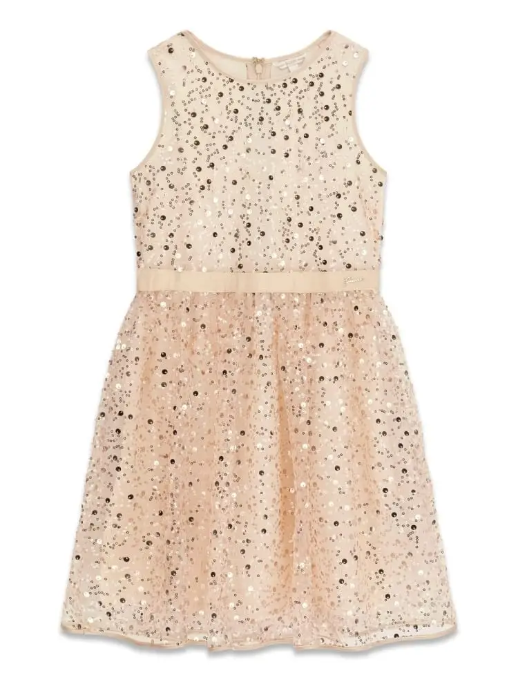 abito kids/junior smanicato in cotone rosa antico con palliettes all over