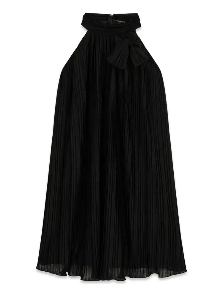 abito kids/junior smanicato in plisse nero con dettaglio fiocco sul collo