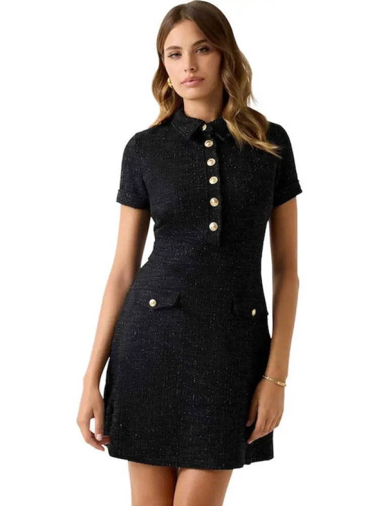 abito nero donna in misto viscosa effetto glittr bottoni con logo