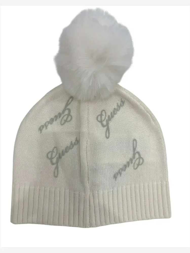 berretto in maglia bianco con pon pon e logo