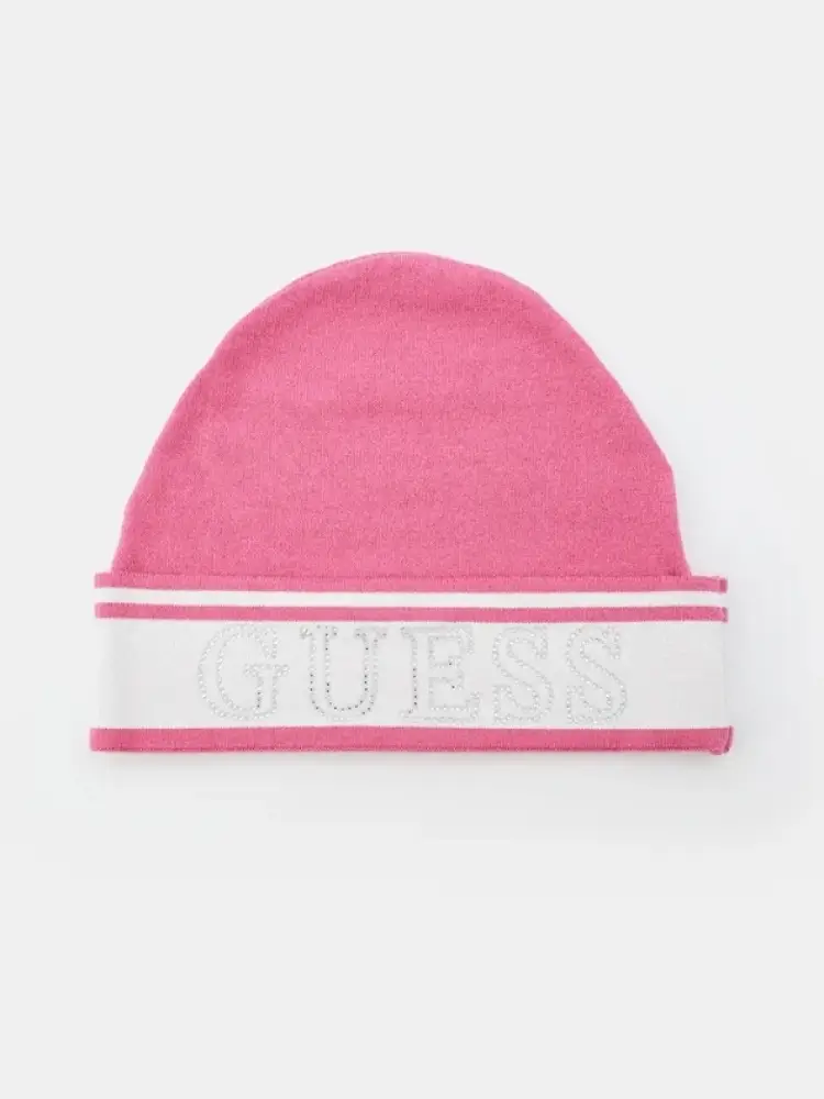 berretto rosa con risvolto bianco e logo