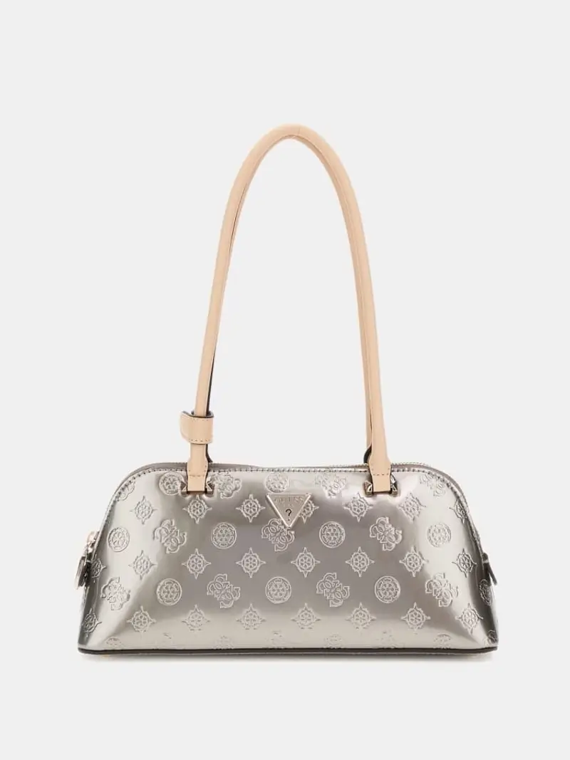 Guess borsa argento donna lucida a spalla logo all over