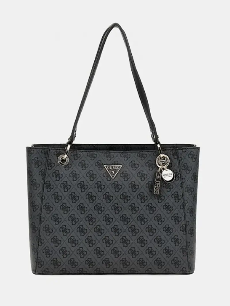 Guess borsa nera donna in ecopelle stampa logo all over con charm placchetta logo sul davanti