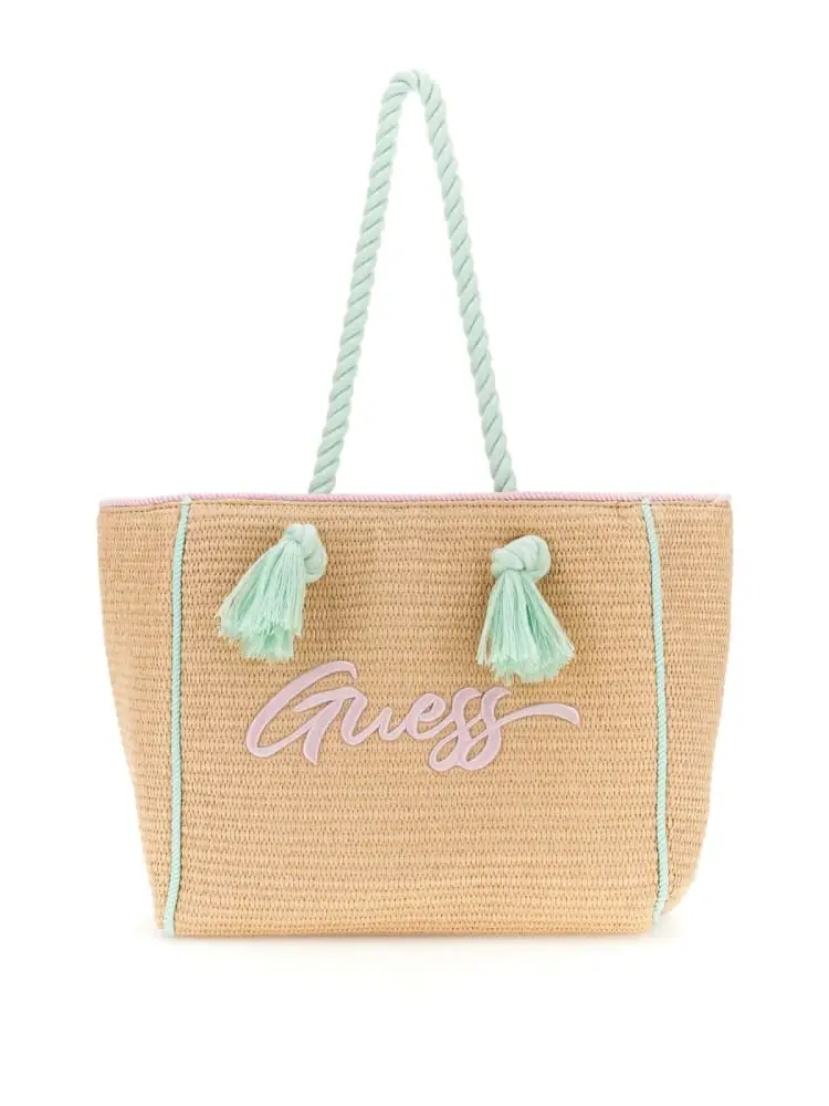 borsa tote kids in paglia con manici verde menta