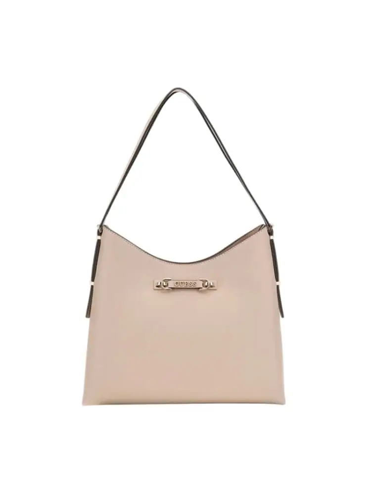 borsea lefia a secchiello in ecopelle liscia beige chiaro con logo