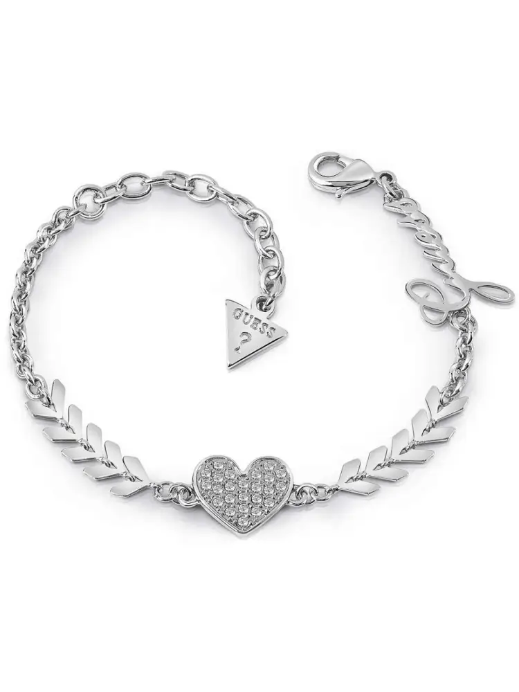 bracciale in acciaio color argento con frecce e cuore centrale con cristalli