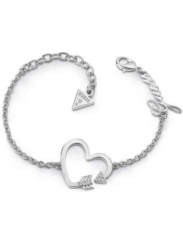 bracciale in acciaio color argento con freccia a forma di cuore e scritta