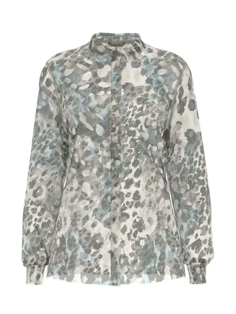 camicia a maniche lunghe leopardata color marrone beige e azzurro