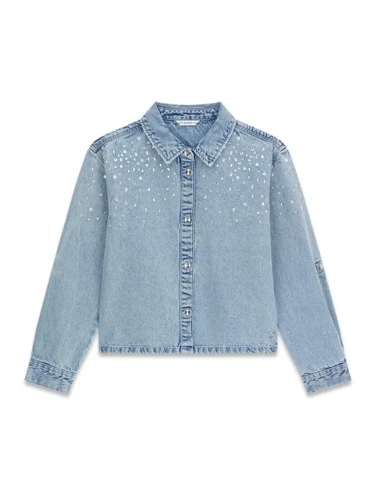 camicia denim kids/junior blu chiaro con strass