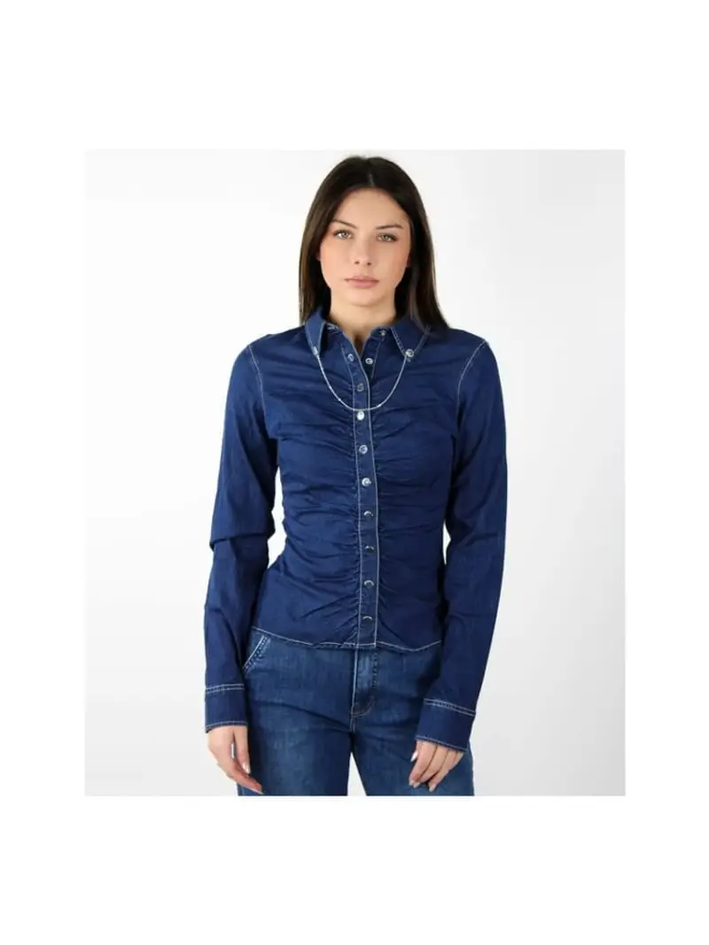 Guess camicia in denim donna scura slim fit catena con logo