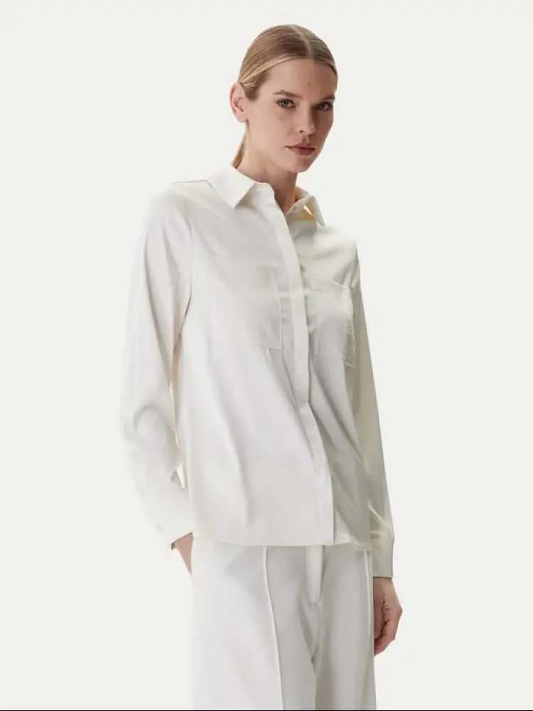 camicia in satin bianco marguerite con tasche logo 4g strass