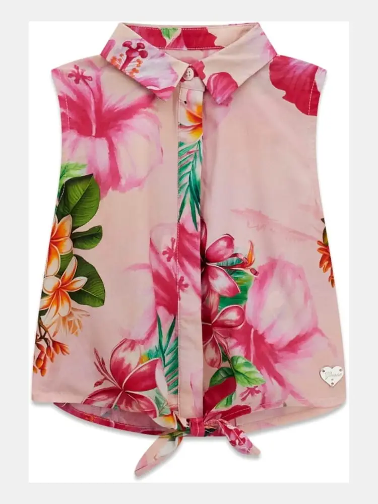 camicia infant/kids smanicata rosa con motivo floreale
