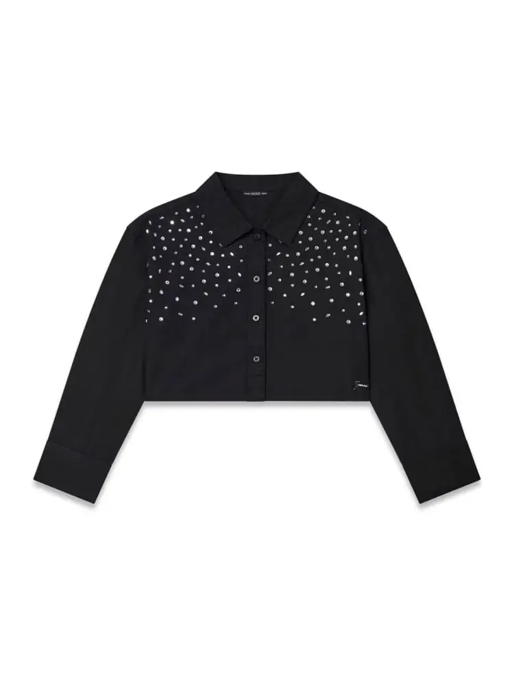 camicia kids/junior boxy fit in cotone nero con strass