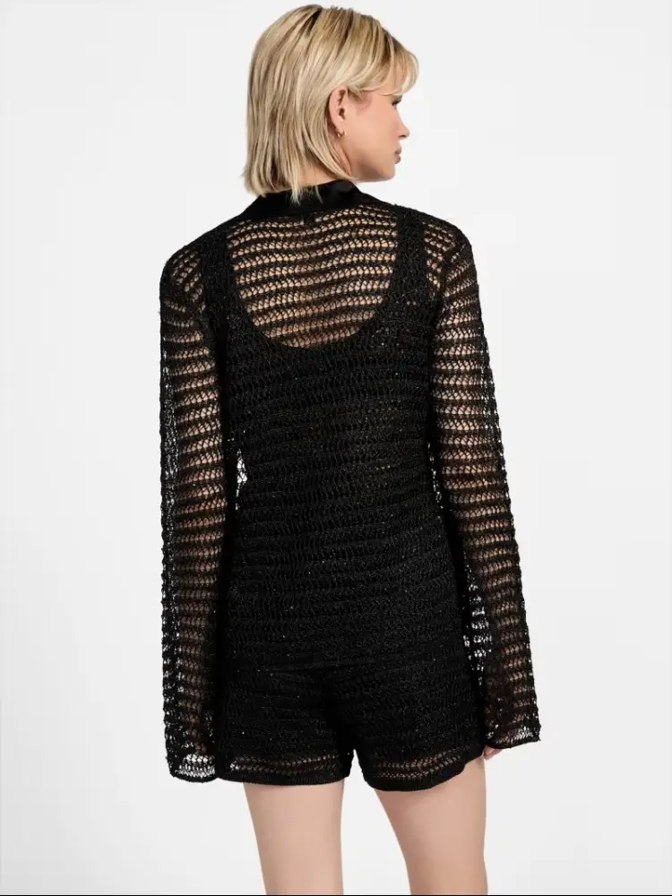 camicia nera donna traforata bottoni con logo miniatura 2