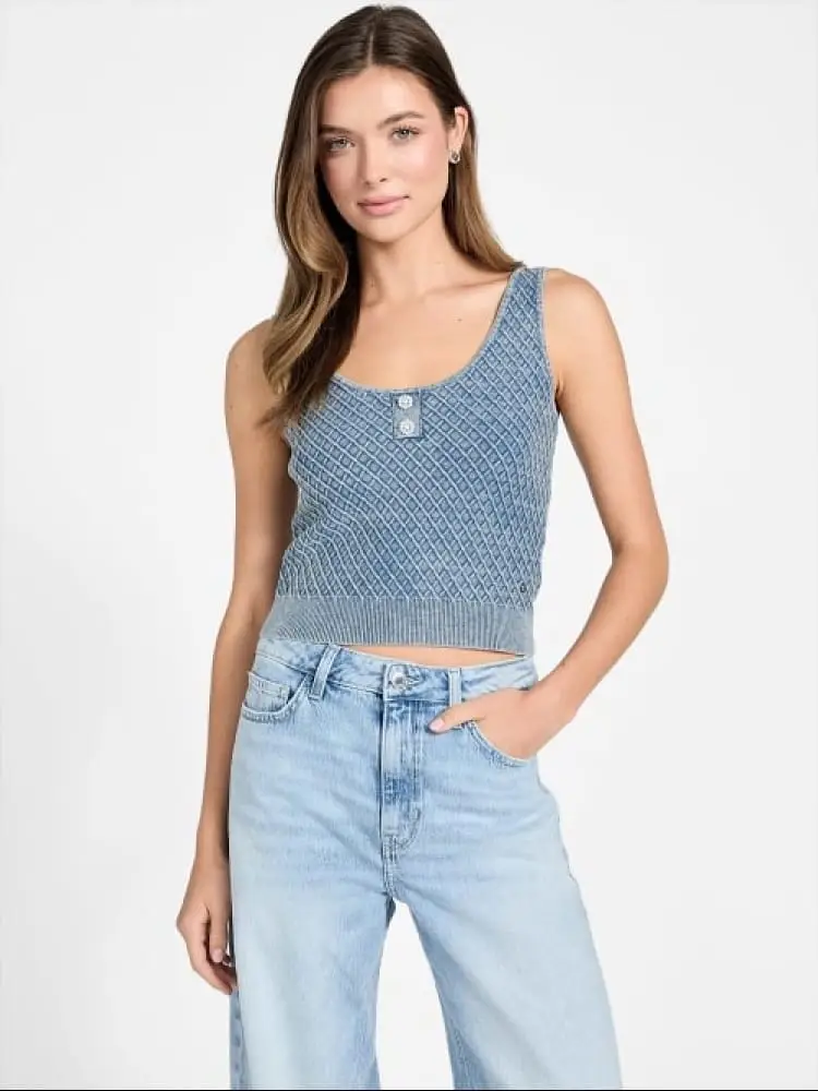 canotta in maglia celeste chiaro con apllicazione strass