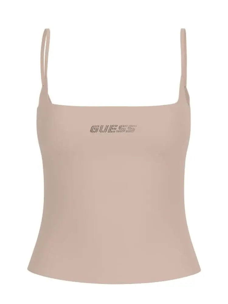 canotta top ortensia in cotone beige micro logo strass