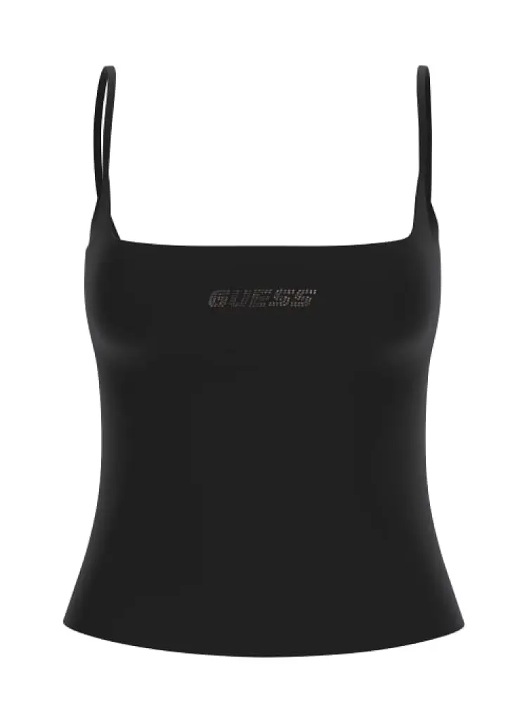 canotta top ortensia in cotone nero micro logo strass