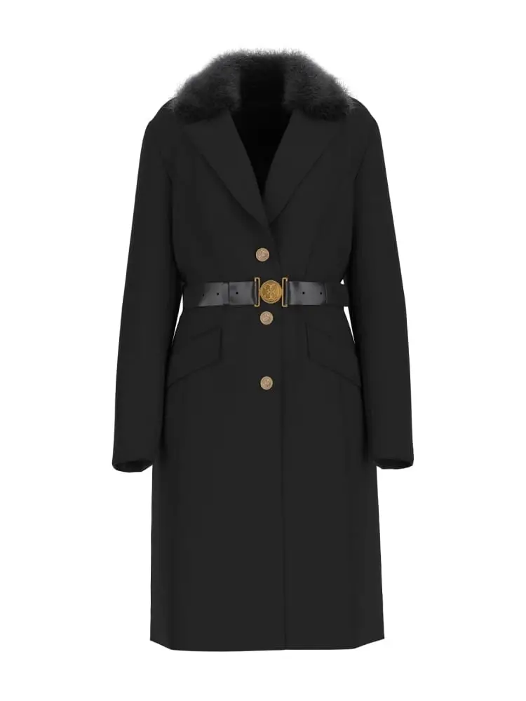 cappotto new patrice nero con cintura e ecopeliccia sul collo