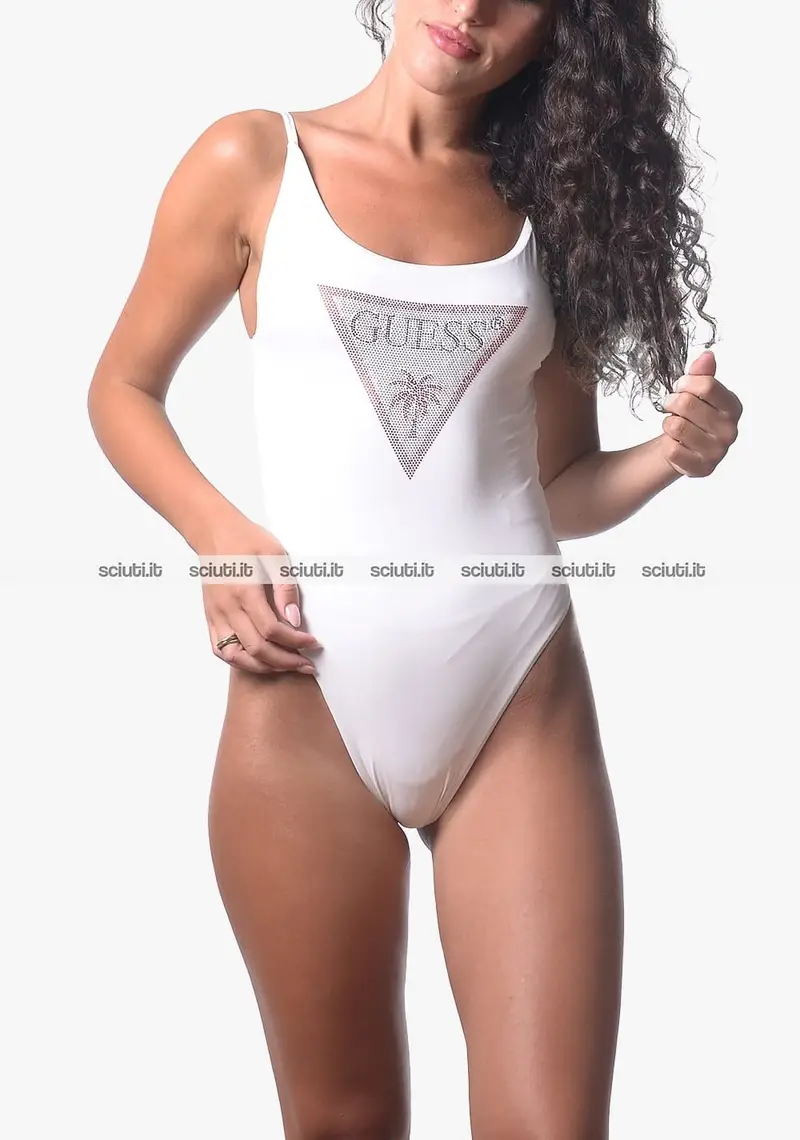 Costume intero Guess donna bianco logo triangolo strass