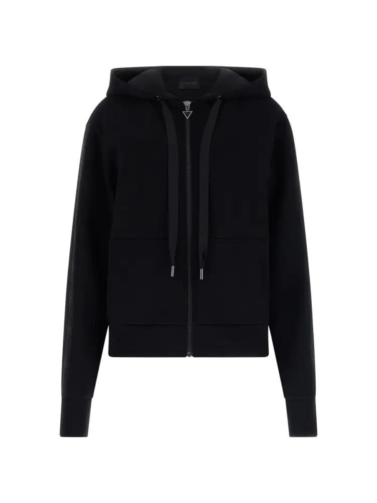 felpa a zip nera con cappuccio con maniche logate e tasche frontali