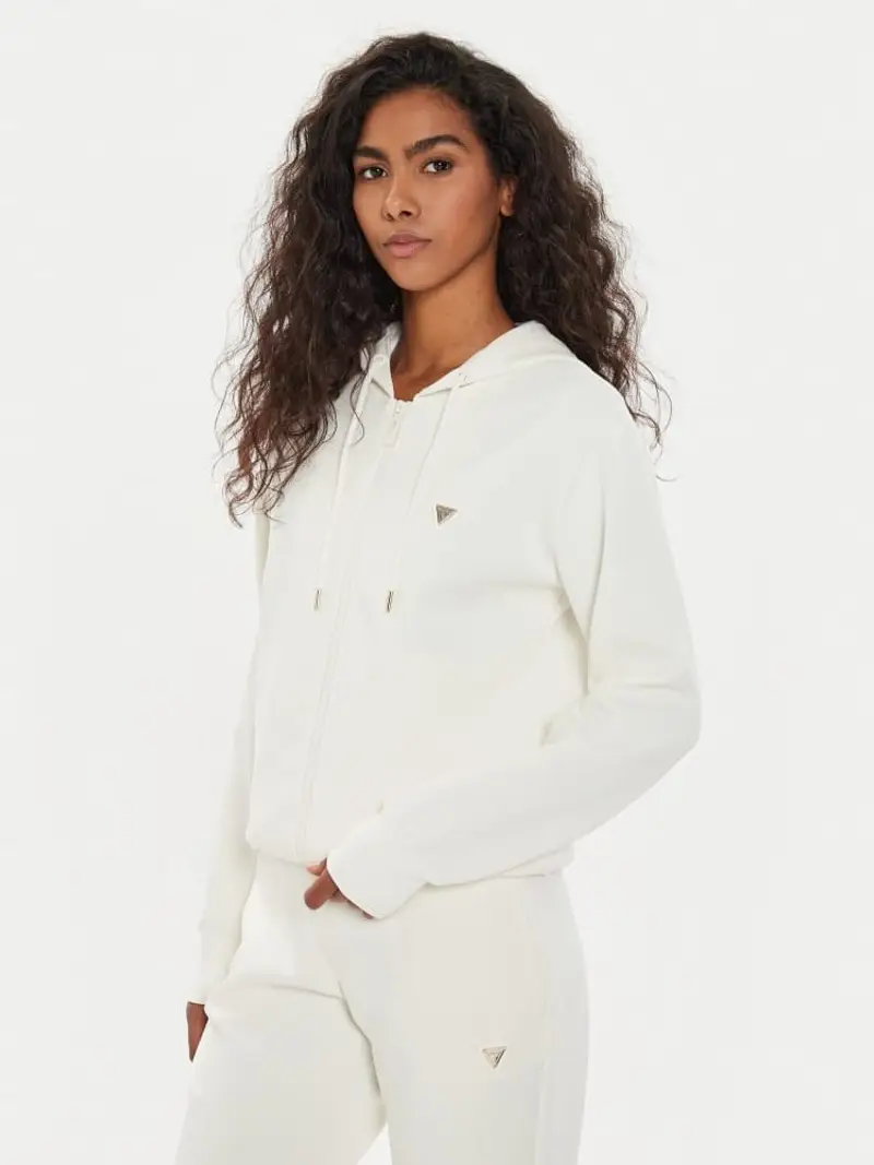 Guess felpa bianca donna in cotone con cappuccio chiusura zip logo sul lato