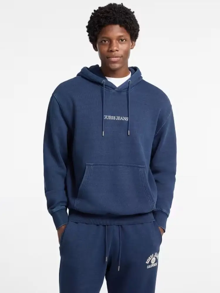 felpa con cappuccio in cotone effetto denim blu logata