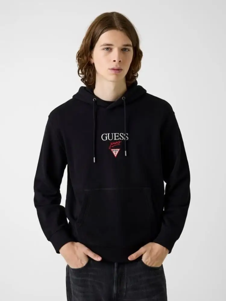 felpa con cappuccio in cotone nero logo ricamato