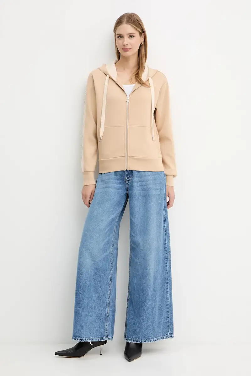 felpa donna colore beige con cappuccio con applicazione W5YQ05 KBYE2 miniatura 2