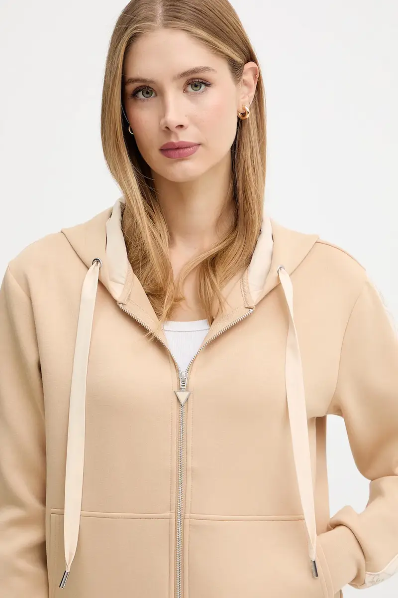 felpa donna colore beige con cappuccio con applicazione W5YQ05 KBYE2 miniatura 4