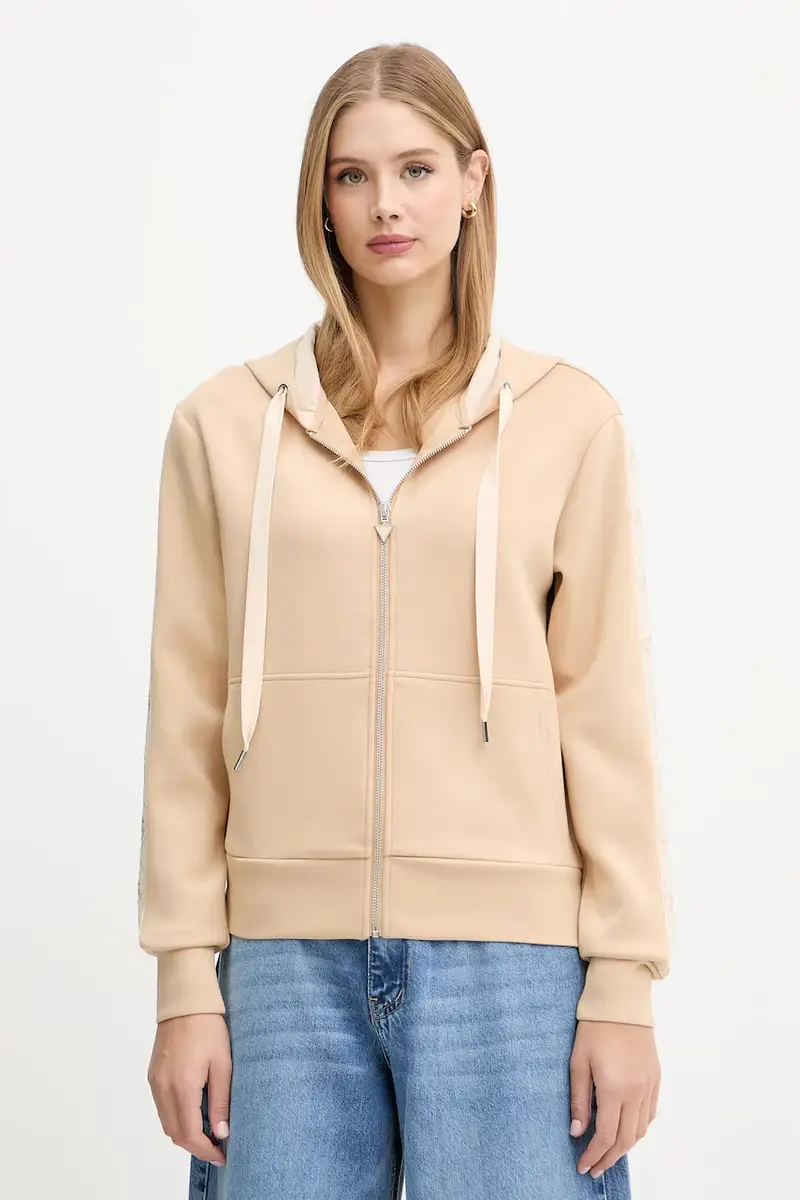 felpa donna colore beige con cappuccio con applicazione W5YQ05 KBYE2