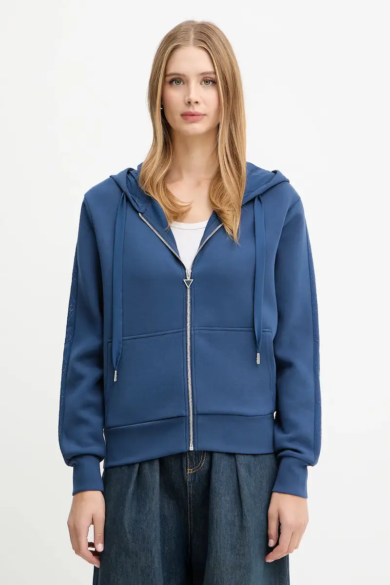 felpa donna colore blu con cappuccio con applicazione W5YQ05 KBYE2