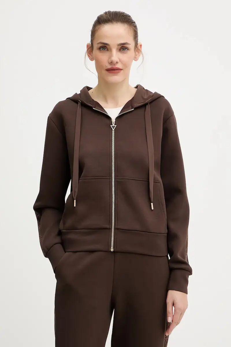felpa donna colore marrone con cappuccio con applicazione W5YQ05 KBYE2