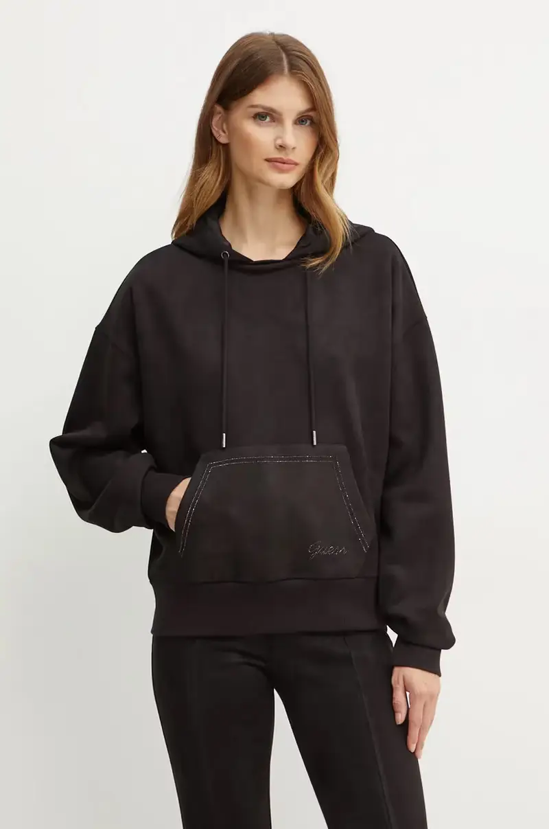 felpa donna colore nero con cappuccio con applicazione W4BQ09 KAUJ2