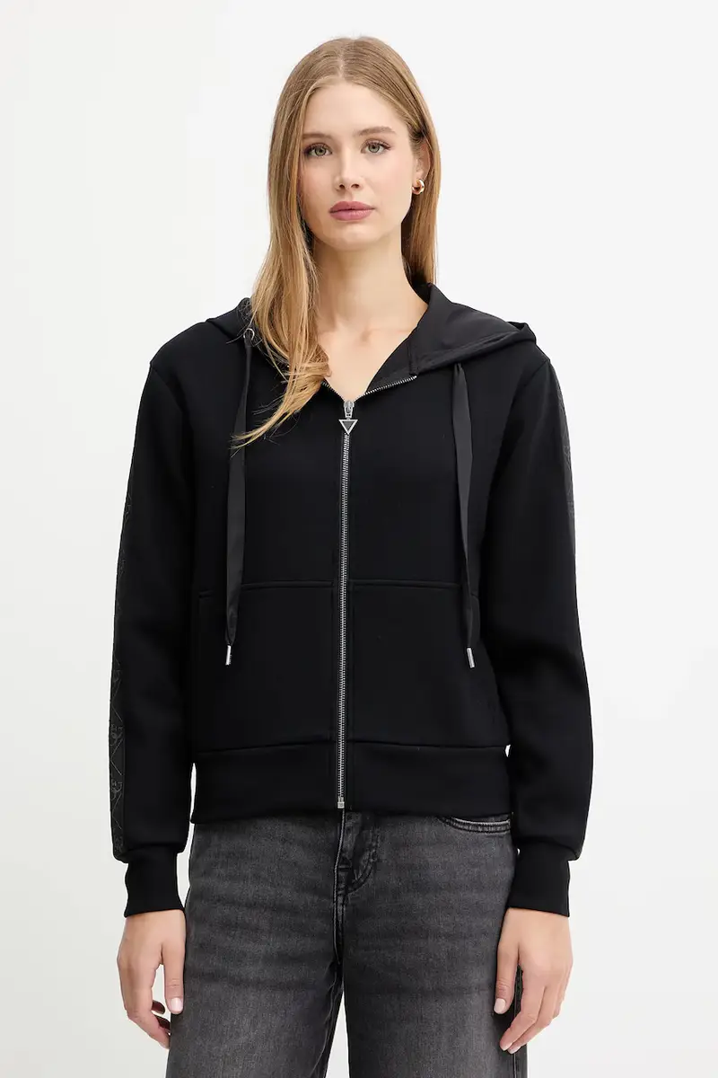 felpa donna colore nero con cappuccio con applicazione W5YQ05 KBYE2