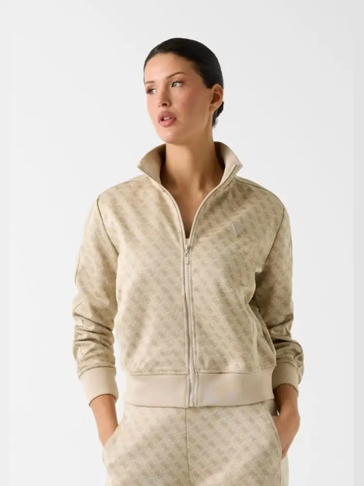 felpa donna maya 4g fullzip in jacquard beige logo all over
