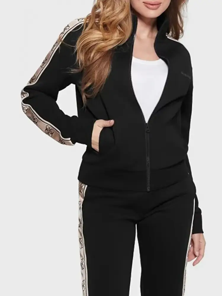 felpa donna nera con chiusura zip bande logate laterali con logo lettering sul petto tono su tono