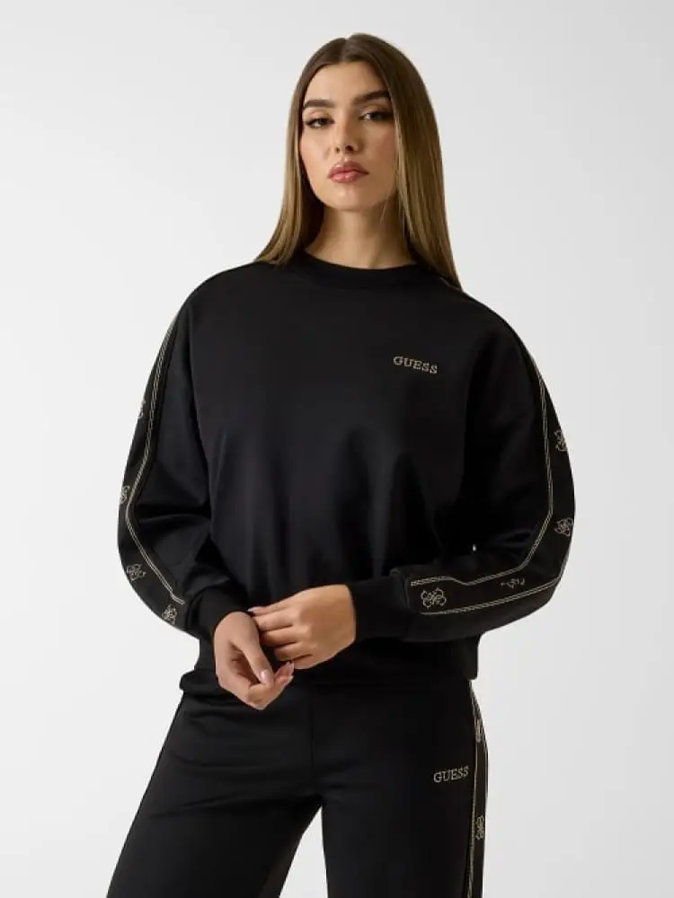 felpa donna octavia nera con banda logo strass