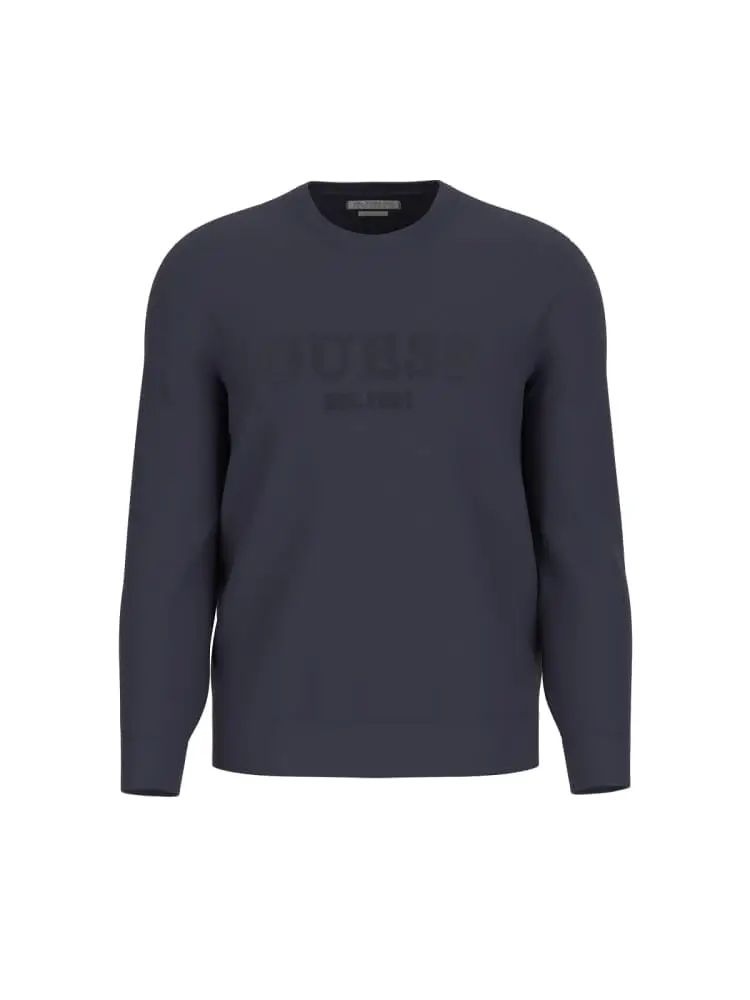 guess felpa girocollo in cotone blu con logo ricamato