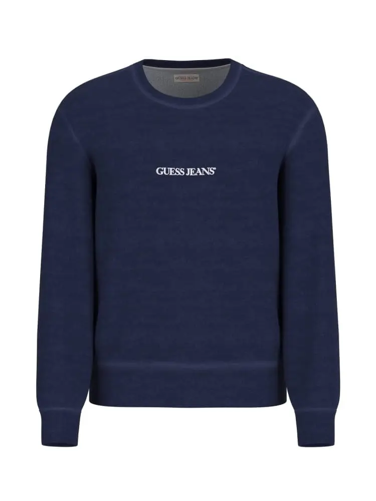 felpa girocollo in cotone blu con micro logo lettering frontale