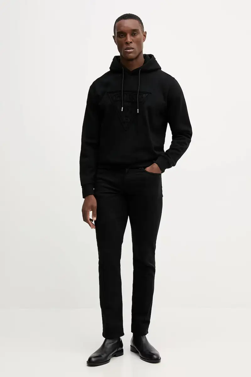 felpa in cotone uomo colore nero con cappuccio con applicazione M5BQ04 K0961 miniatura 2