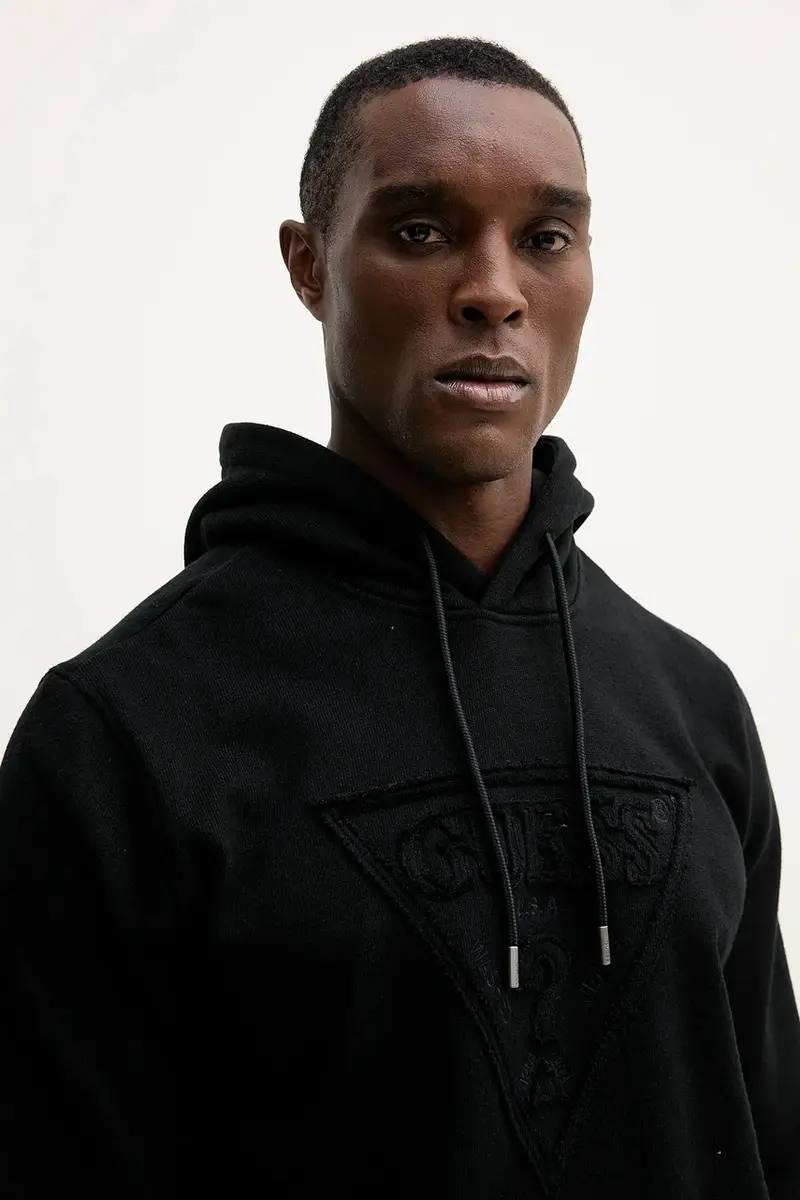 felpa in cotone uomo colore nero con cappuccio con applicazione M5BQ04 K0961 miniatura 4