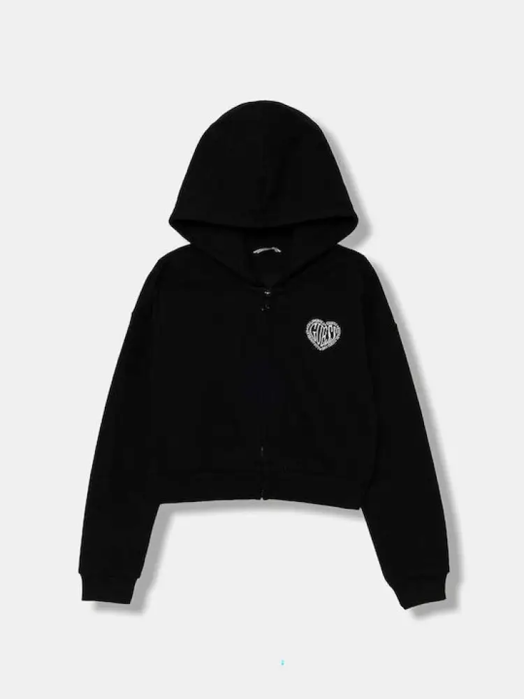 felpa nera bambina in cotone con cappuccio maxi logo sul retro