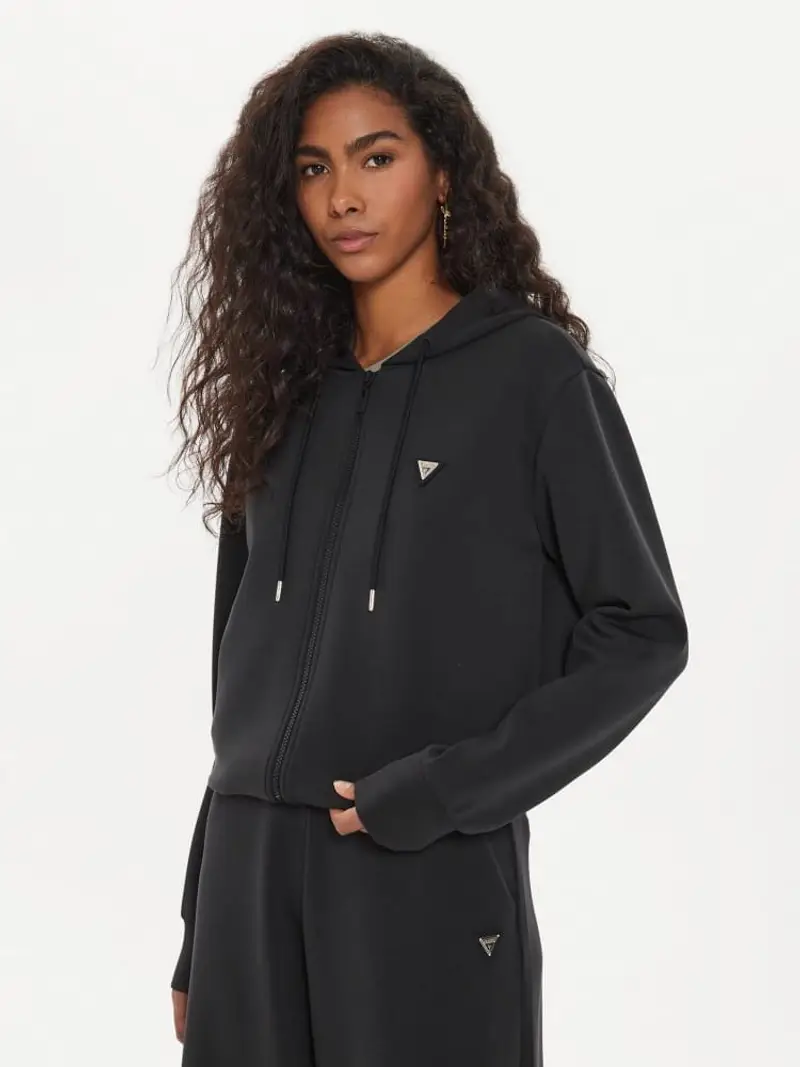 Guess felpa nera donna in misto cotone con cappuccio chiusura zip logo sul petto