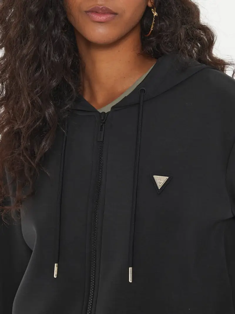 Guess felpa nera donna in misto cotone con cappuccio chiusura zip logo sul petto miniatura 3