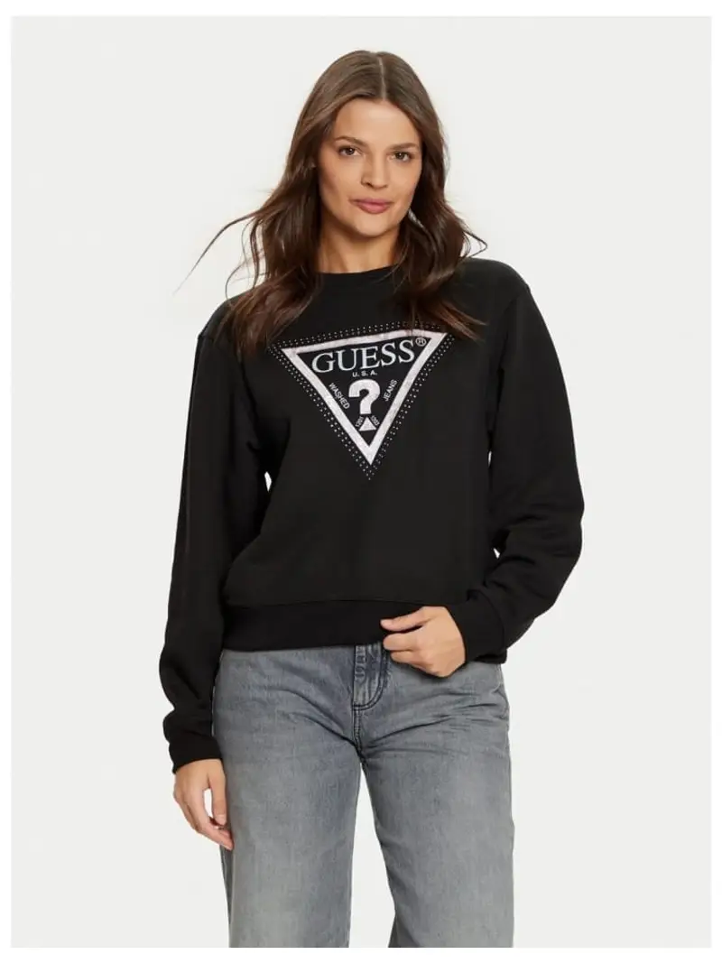 Guess felpa nera donna in misto cotone girocollo maxi logo sul davanti