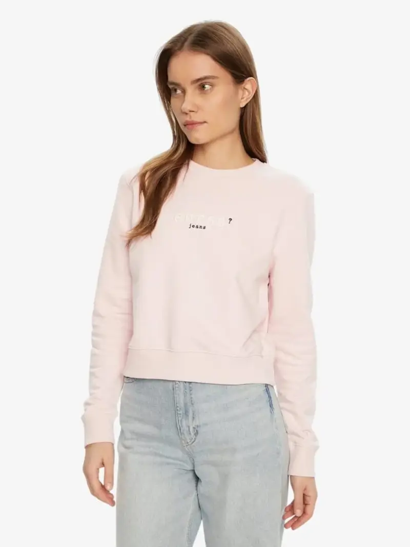 Guess felpa rosa donna in cotone girocollo logo ricamato sul petto